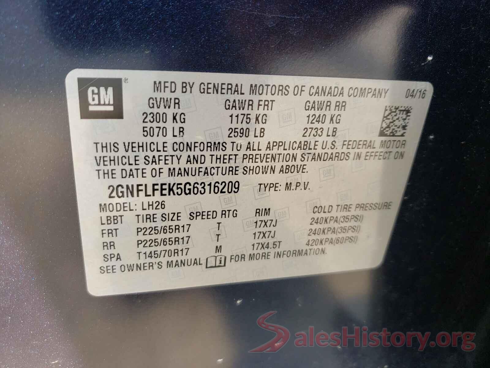 2GNFLFEK5G6316209 2016 CHEVROLET EQUINOX