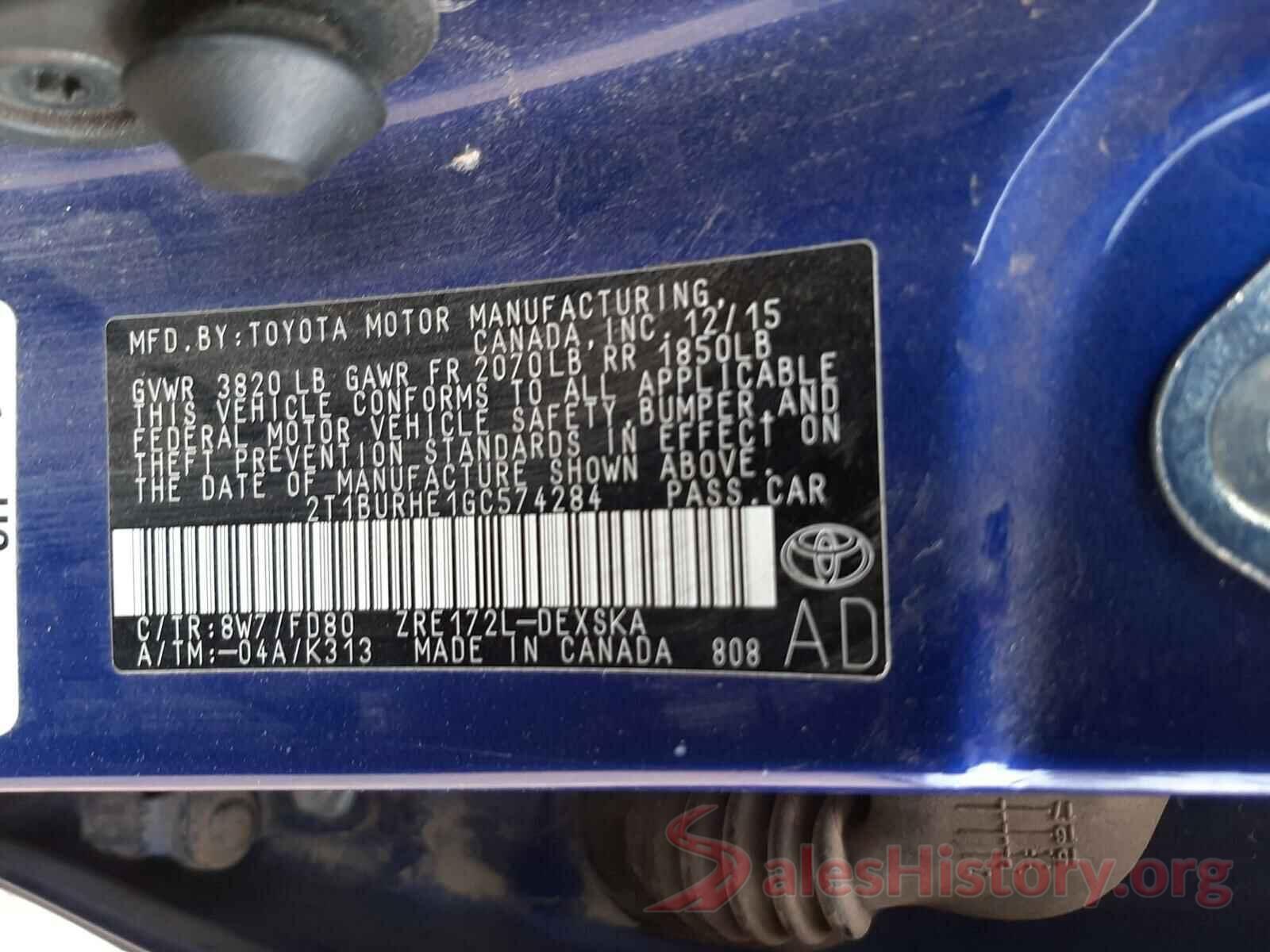 2T1BURHE1GC574284 2016 TOYOTA COROLLA