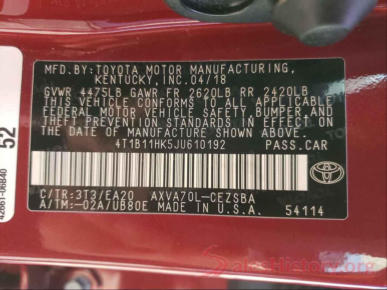 4T1B11HK5JU610192 2018 TOYOTA CAMRY