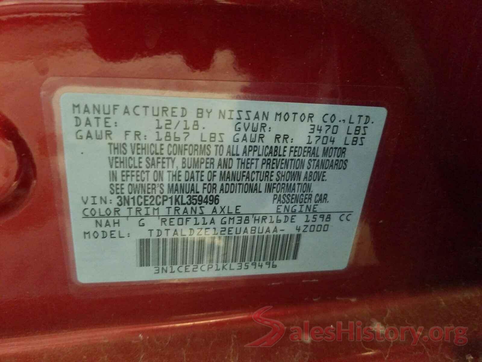 3N1CE2CP1KL359496 2019 NISSAN VERSA