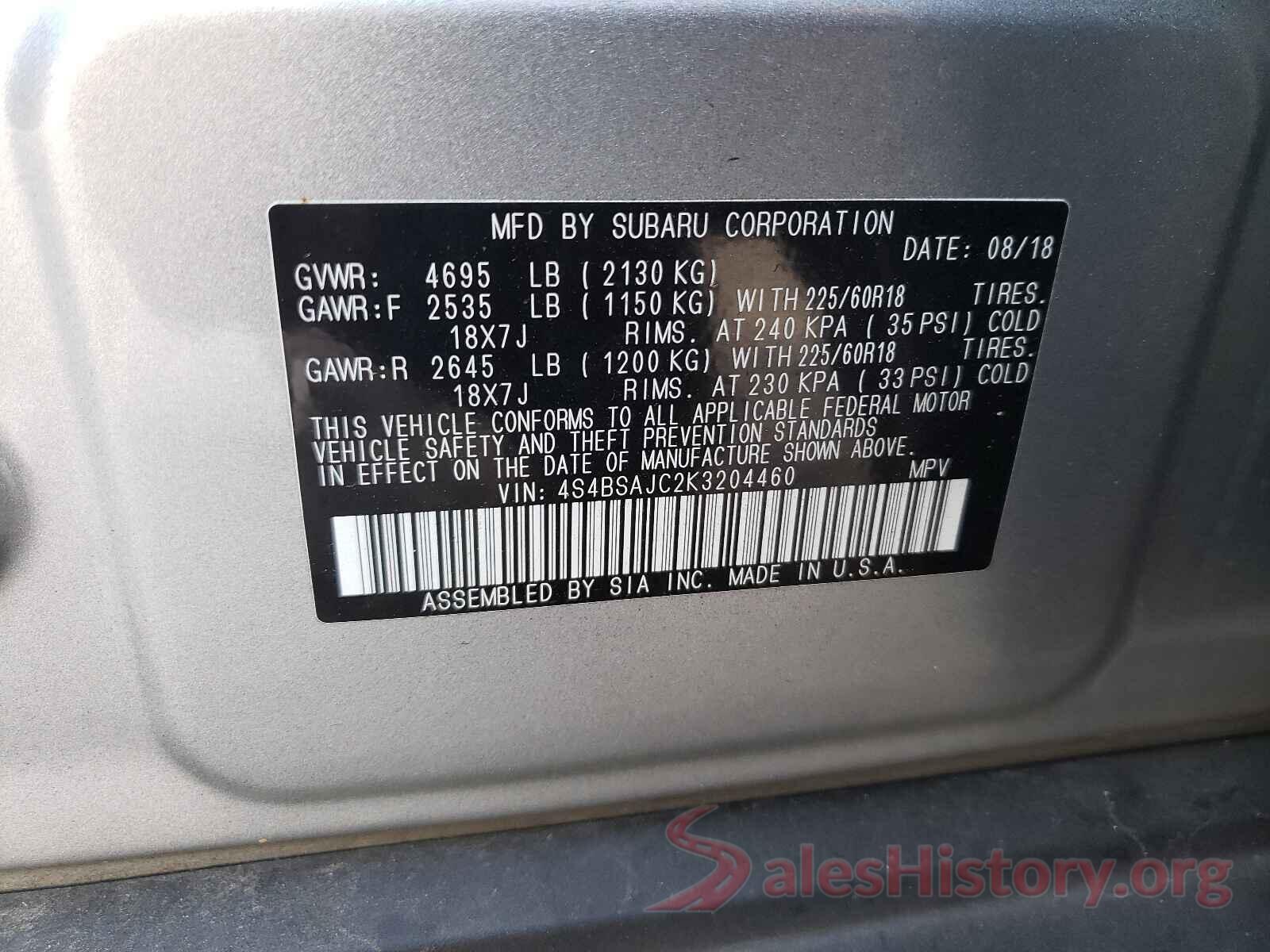 4S4BSAJC2K3204460 2019 SUBARU OUTBACK