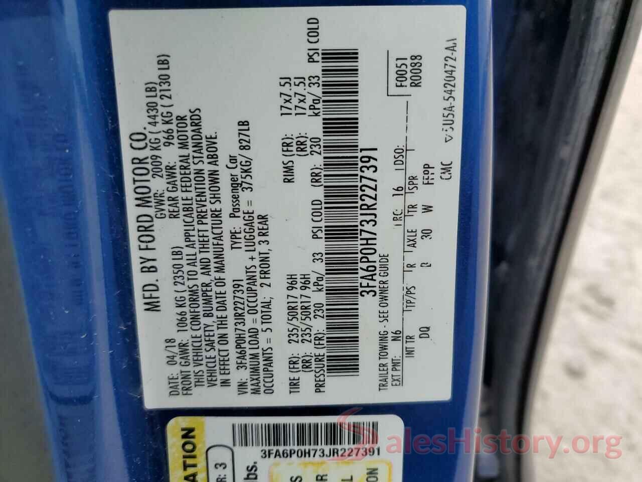 3FA6P0H73JR227391 2018 FORD FUSION