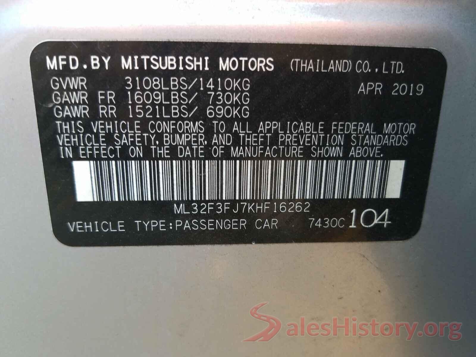 ML32F3FJ7KHF16262 2019 MITSUBISHI MIRAGE