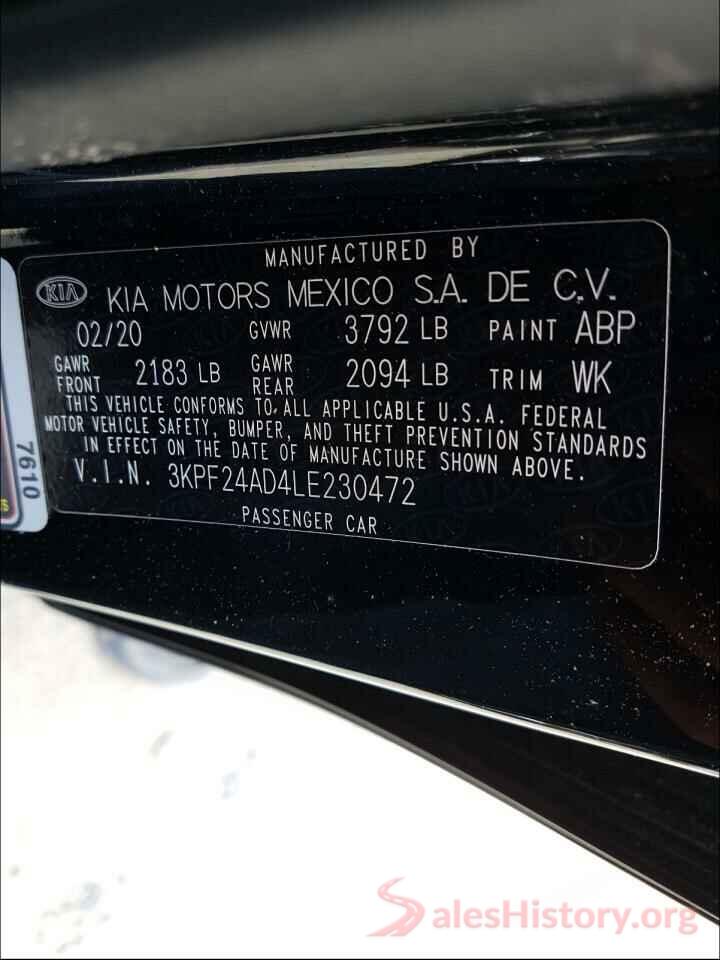 3KPF24AD4LE230472 2020 KIA FORTE