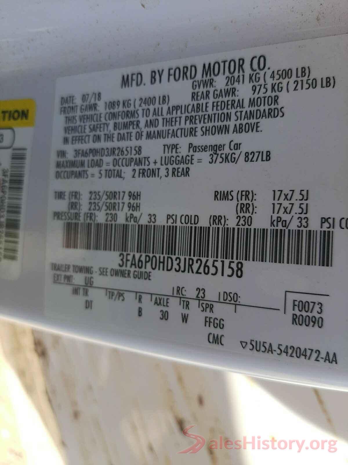 3FA6P0HD3JR265158 2018 FORD FUSION