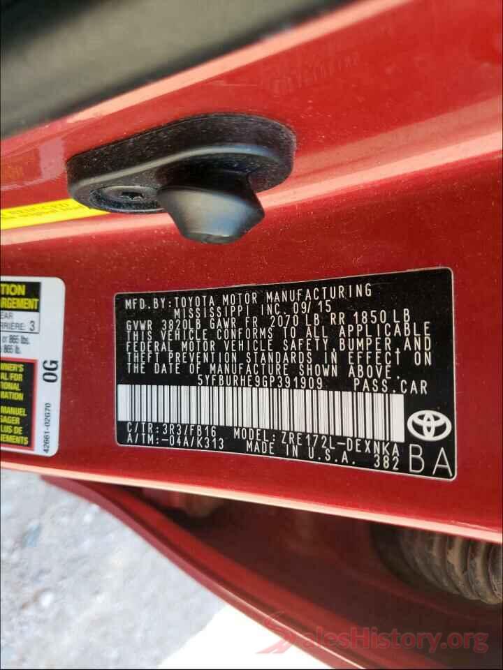 5YFBURHE9GP391909 2016 TOYOTA COROLLA