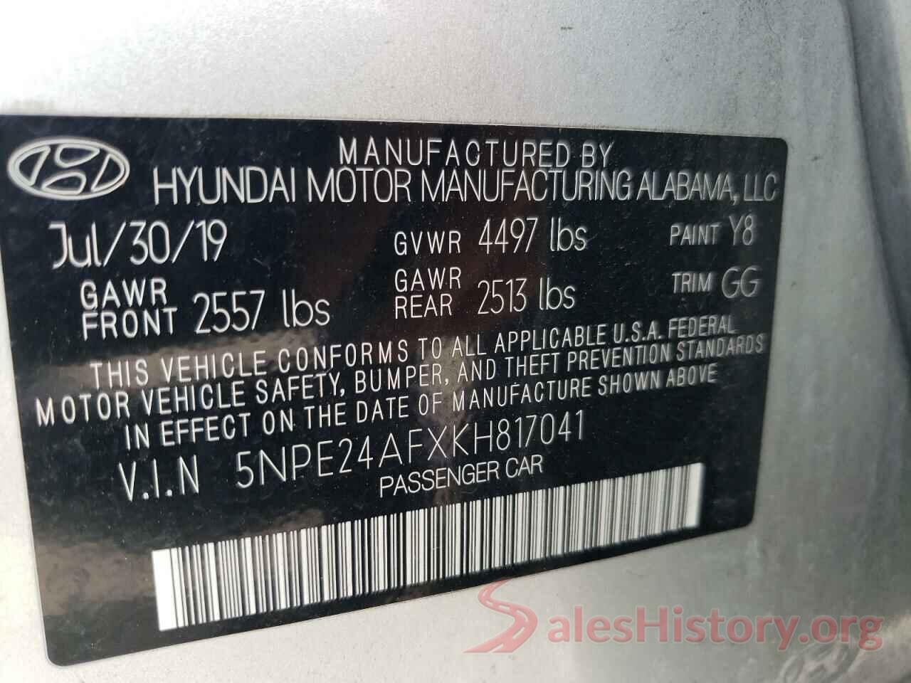 5NPE24AFXKH817041 2019 HYUNDAI SONATA