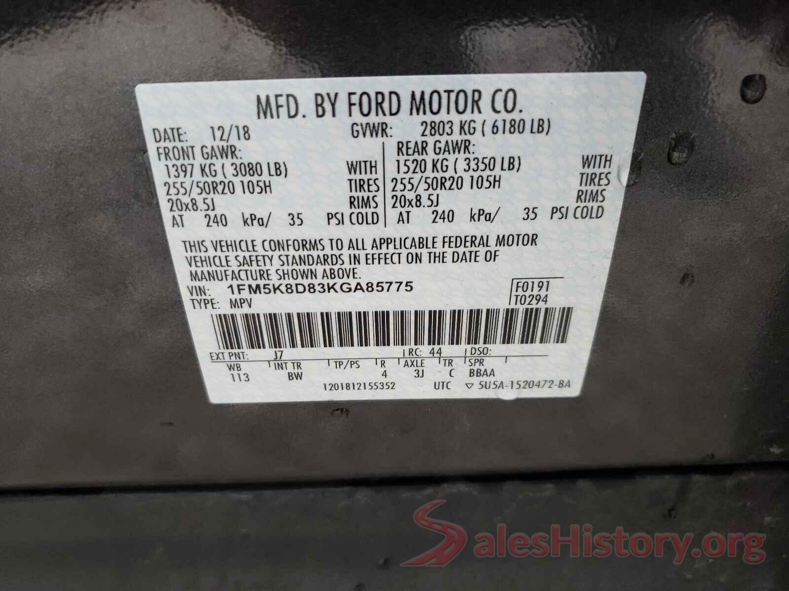 1FM5K8D83KGA85775 2019 FORD EXPLORER