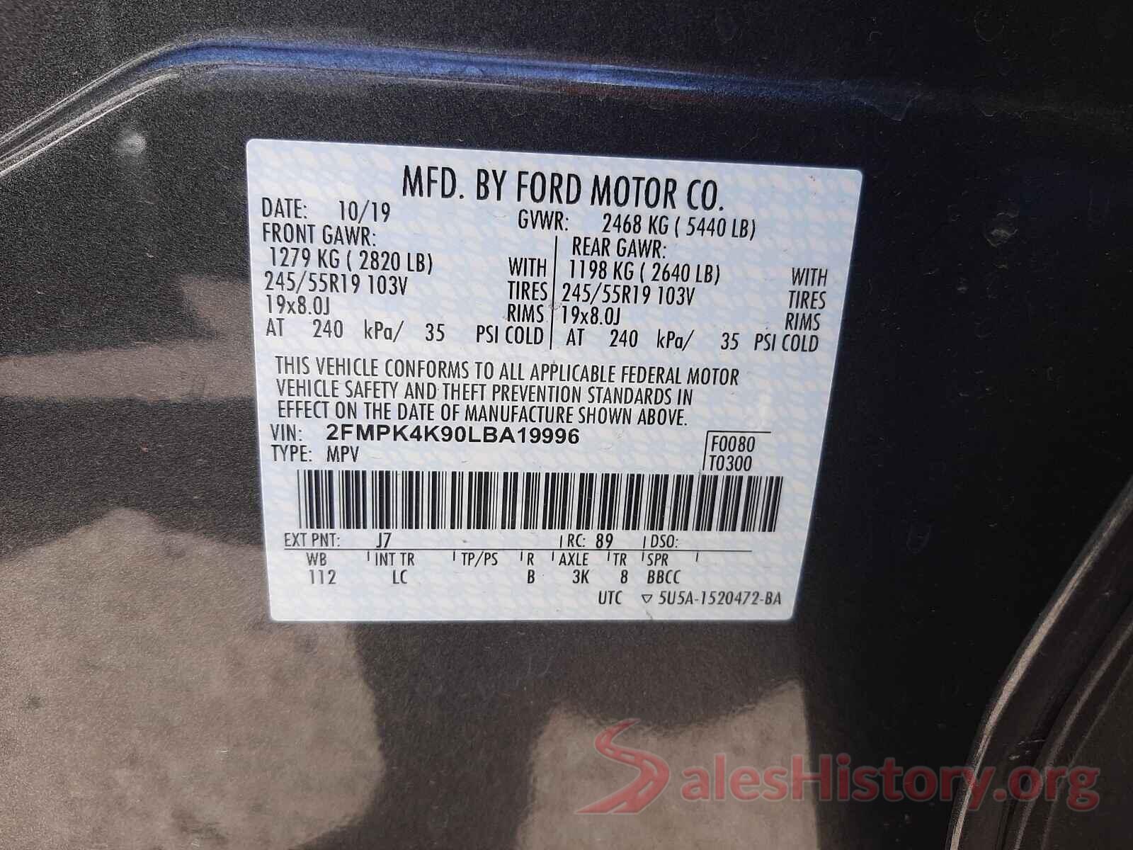 2FMPK4K90LBA19996 2020 FORD EDGE