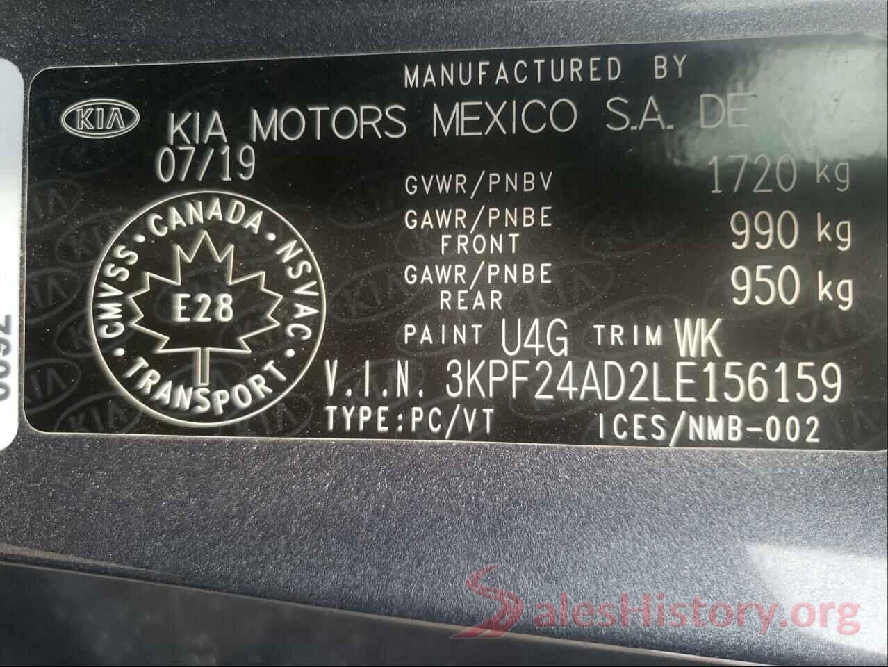 3KPF24AD2LE156159 2020 KIA FORTE