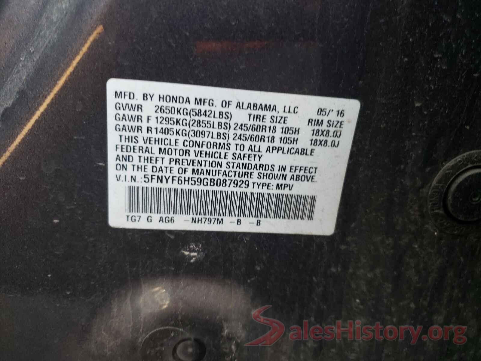 5FNYF6H59GB087929 2016 HONDA PILOT