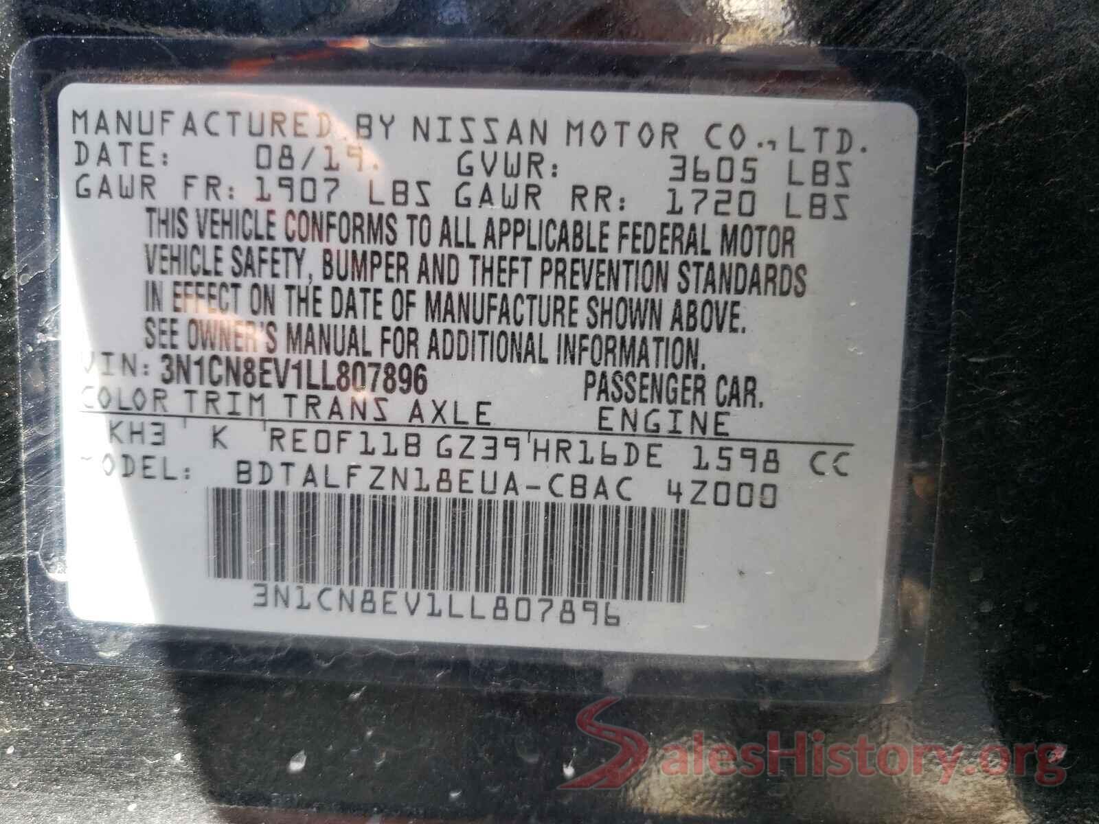 3N1CN8EV1LL807896 2020 NISSAN VERSA