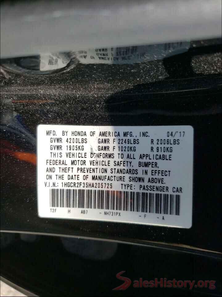 1HGCR2F35HA205725 2017 HONDA ACCORD