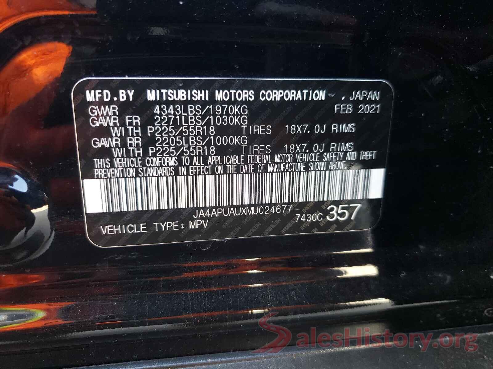 JA4APUAUXMU024677 2021 MITSUBISHI OUTLANDER