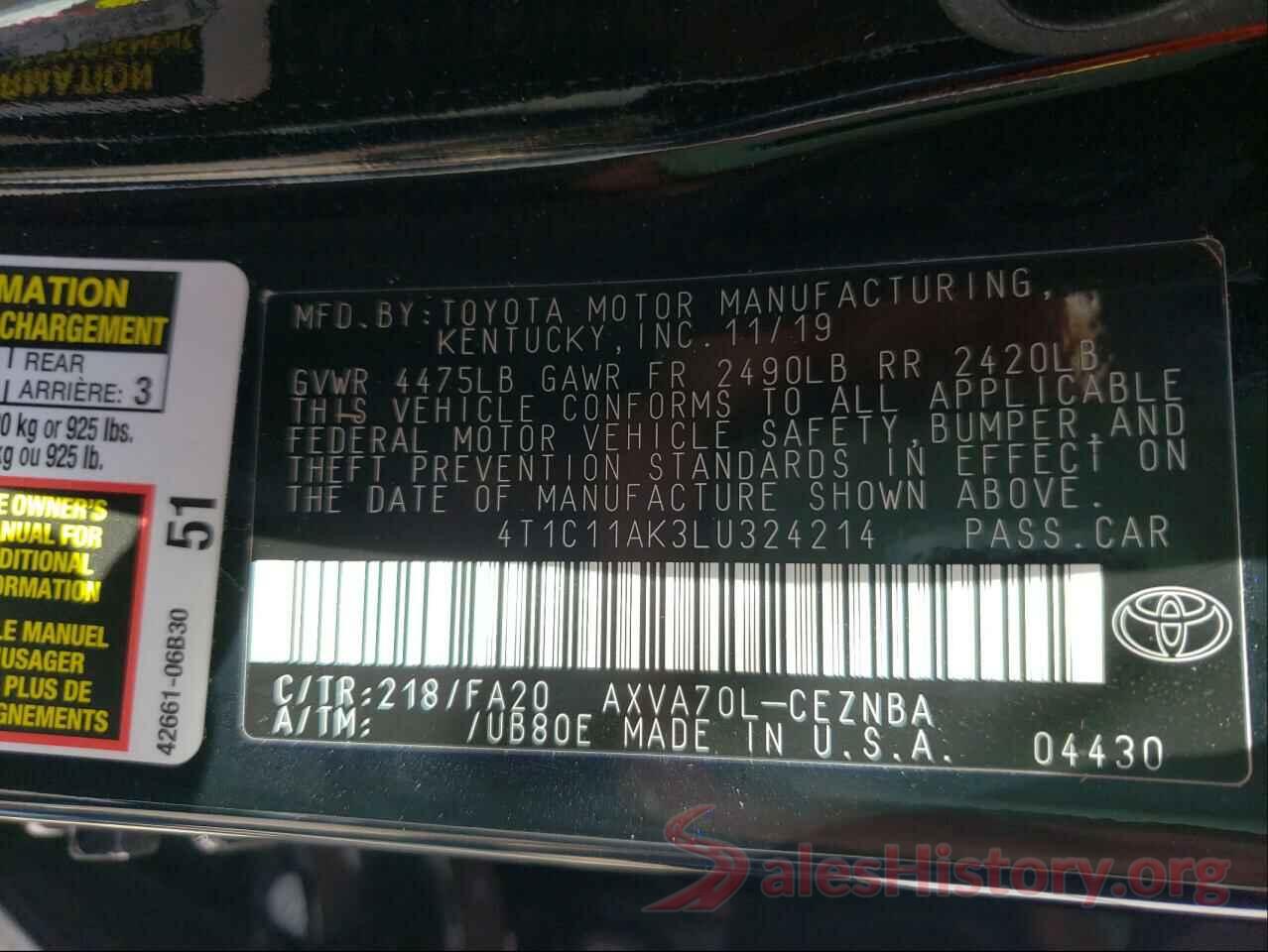 4T1C11AK3LU324214 2020 TOYOTA CAMRY