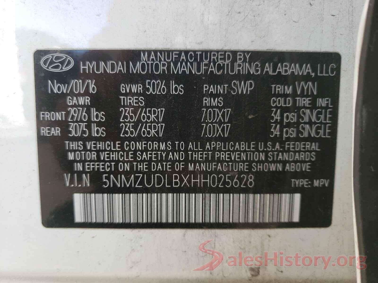 5NMZUDLBXHH025628 2017 HYUNDAI SANTA FE