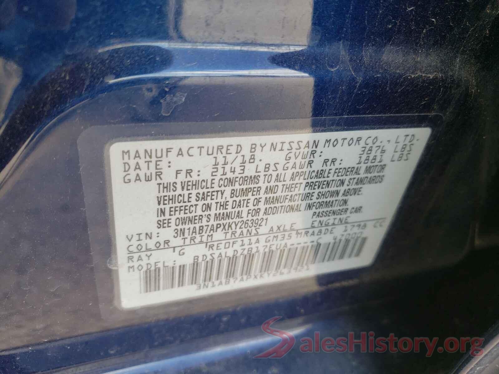 3N1AB7APXKY263921 2019 NISSAN SENTRA