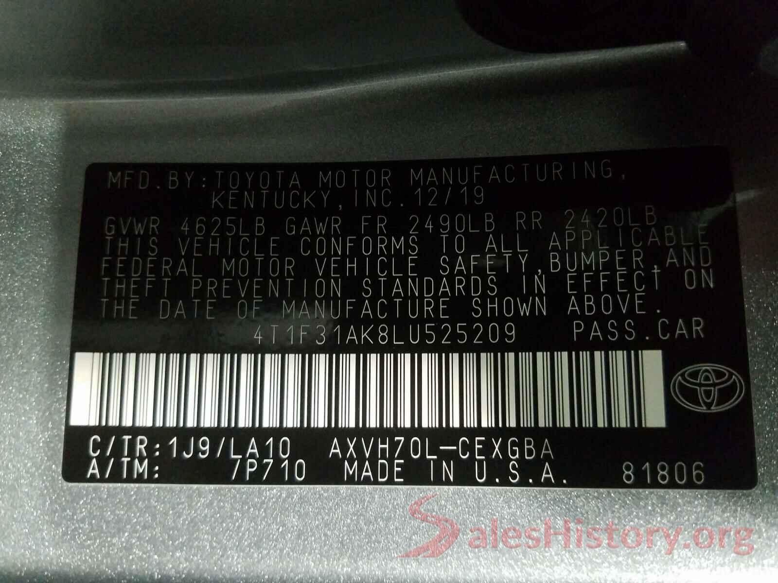 4T1F31AK8LU525209 2020 TOYOTA CAMRY