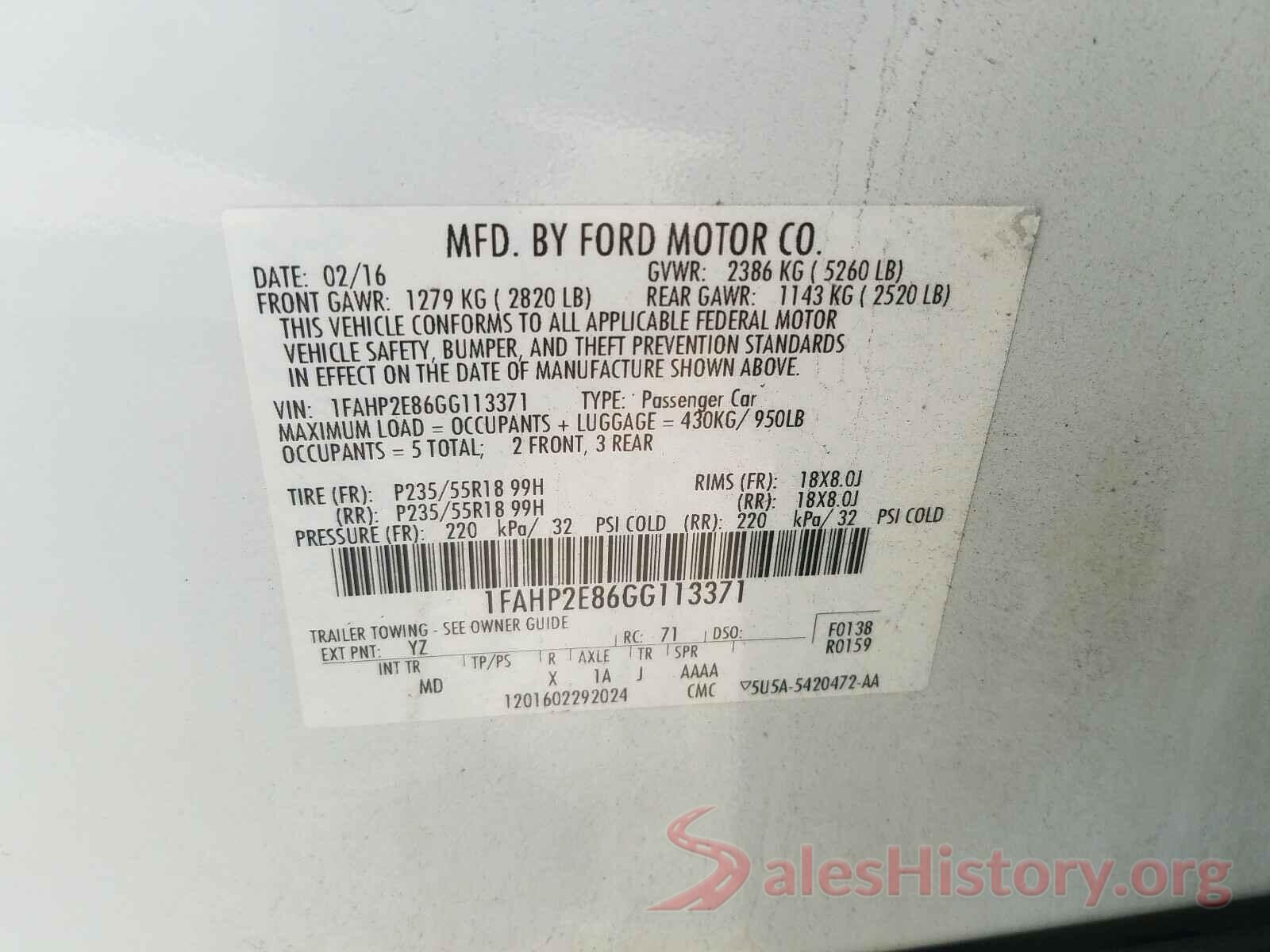 1FAHP2E86GG113371 2016 FORD TAURUS