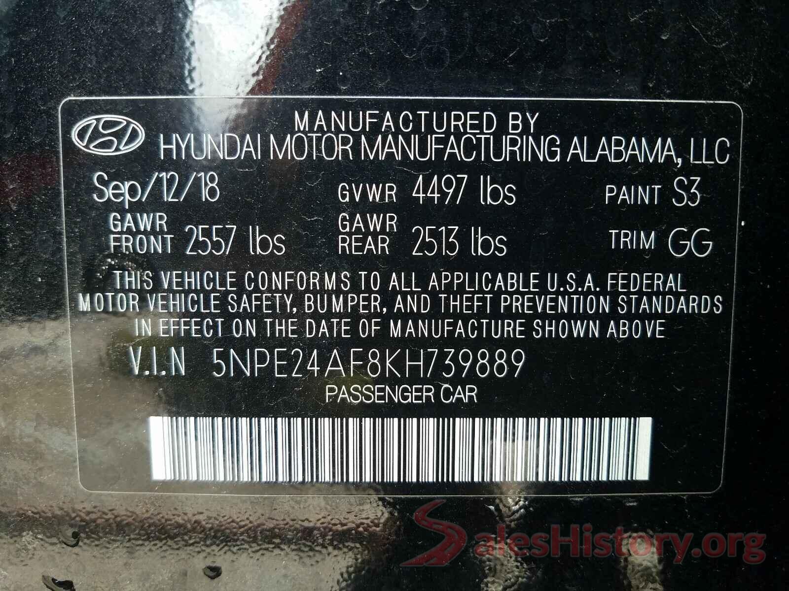 5NPE24AF8KH739889 2019 HYUNDAI SONATA