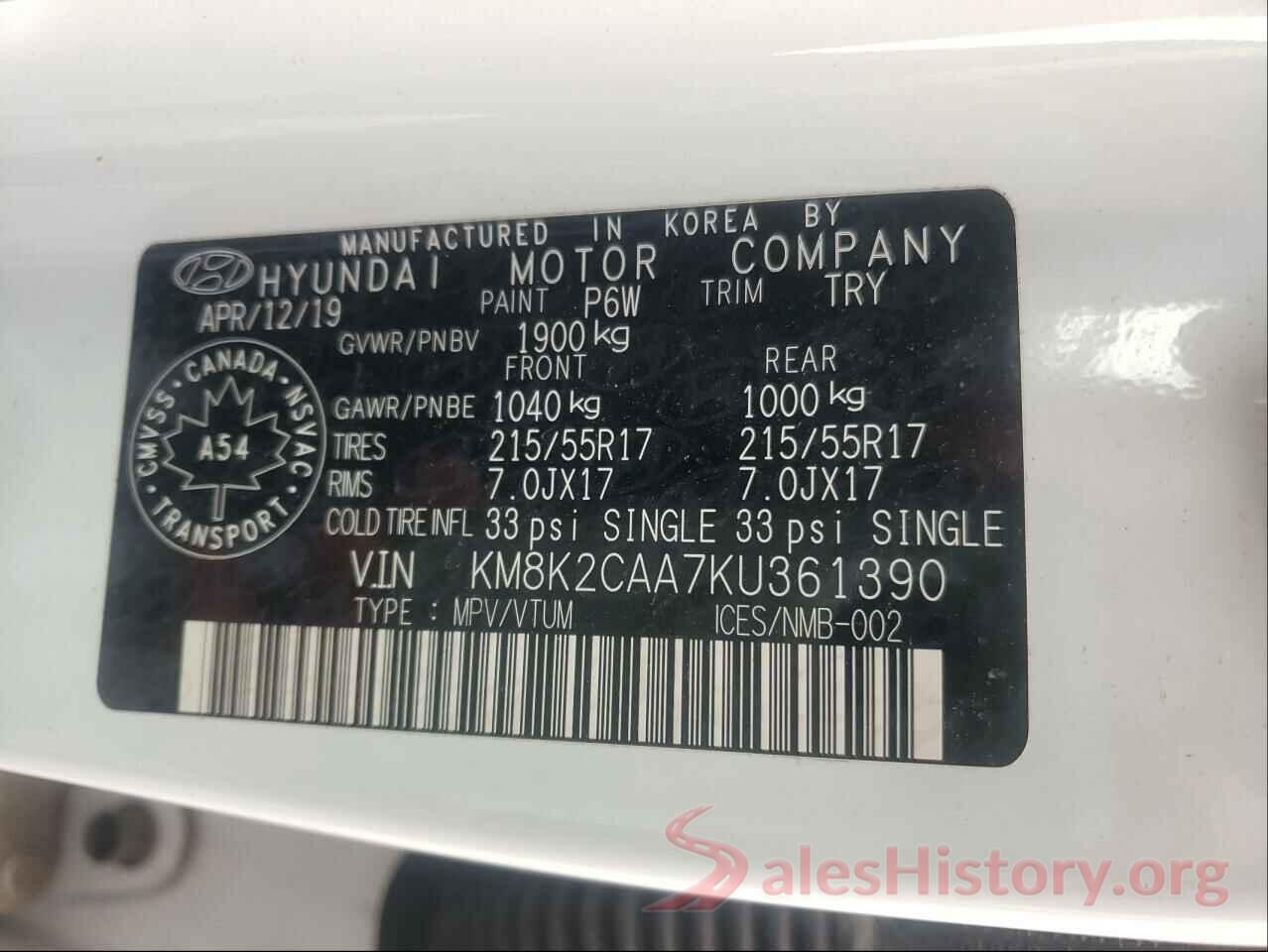 KM8K2CAA7KU361390 2019 HYUNDAI KONA