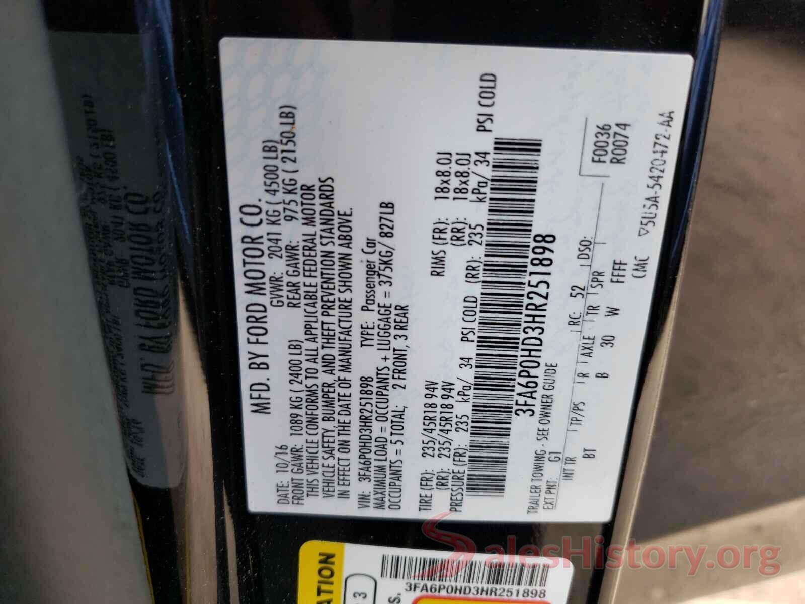 3FA6P0HD3HR251898 2017 FORD FUSION