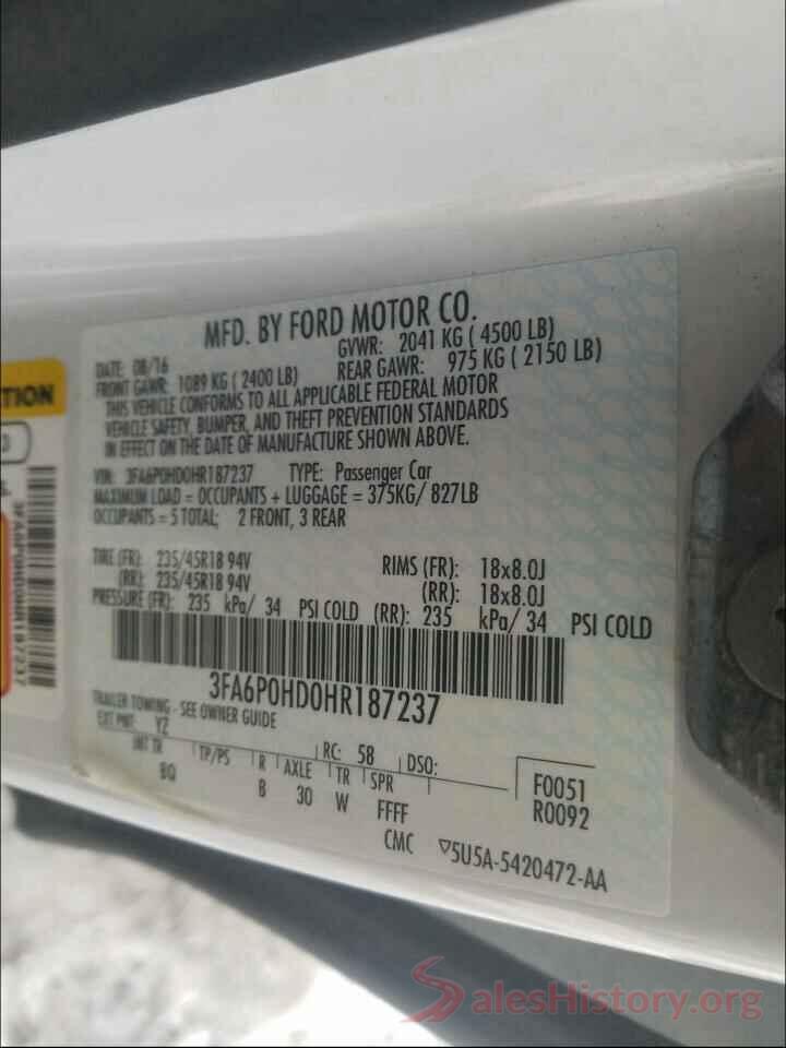 3FA6P0HD0HR187237 2017 FORD FUSION