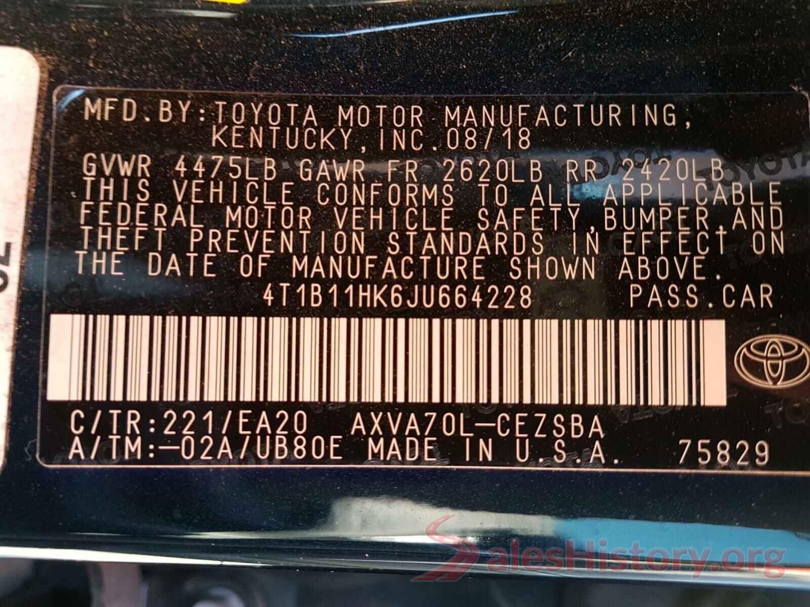 4T1B11HK6JU664228 2018 TOYOTA CAMRY