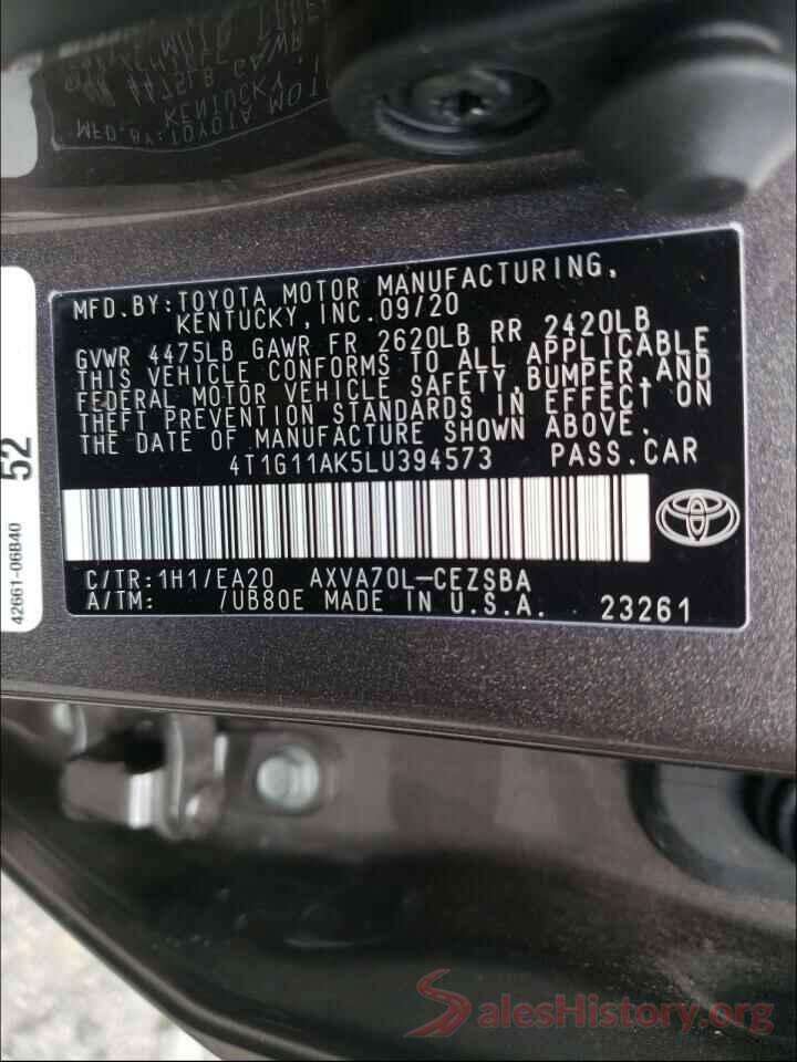 4T1G11AK5LU394573 2020 TOYOTA CAMRY