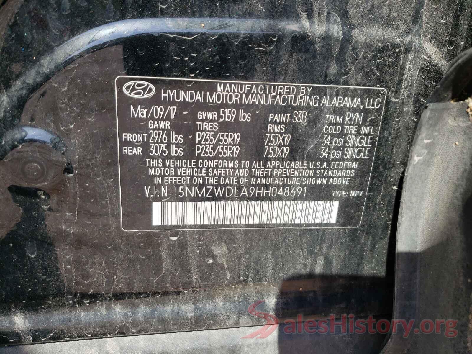 5NMZWDLA9HH048691 2017 HYUNDAI SANTA FE