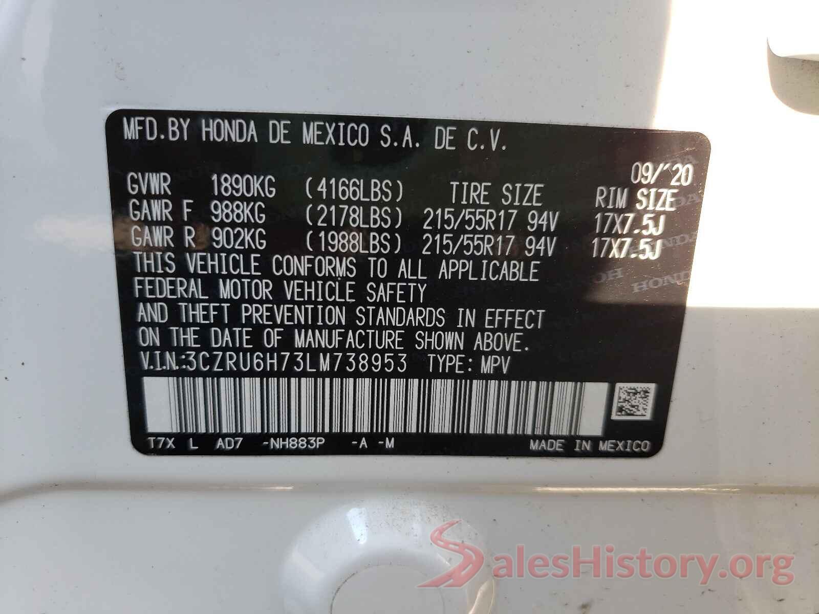 3CZRU6H73LM738953 2020 HONDA HR-V