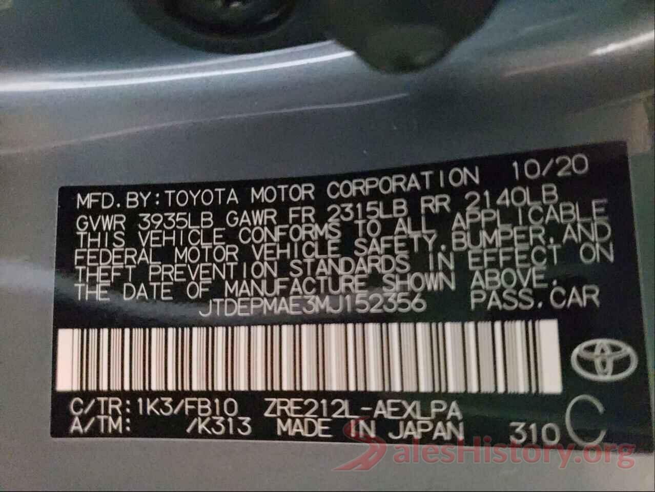 JTDEPMAE3MJ152356 2021 TOYOTA COROLLA