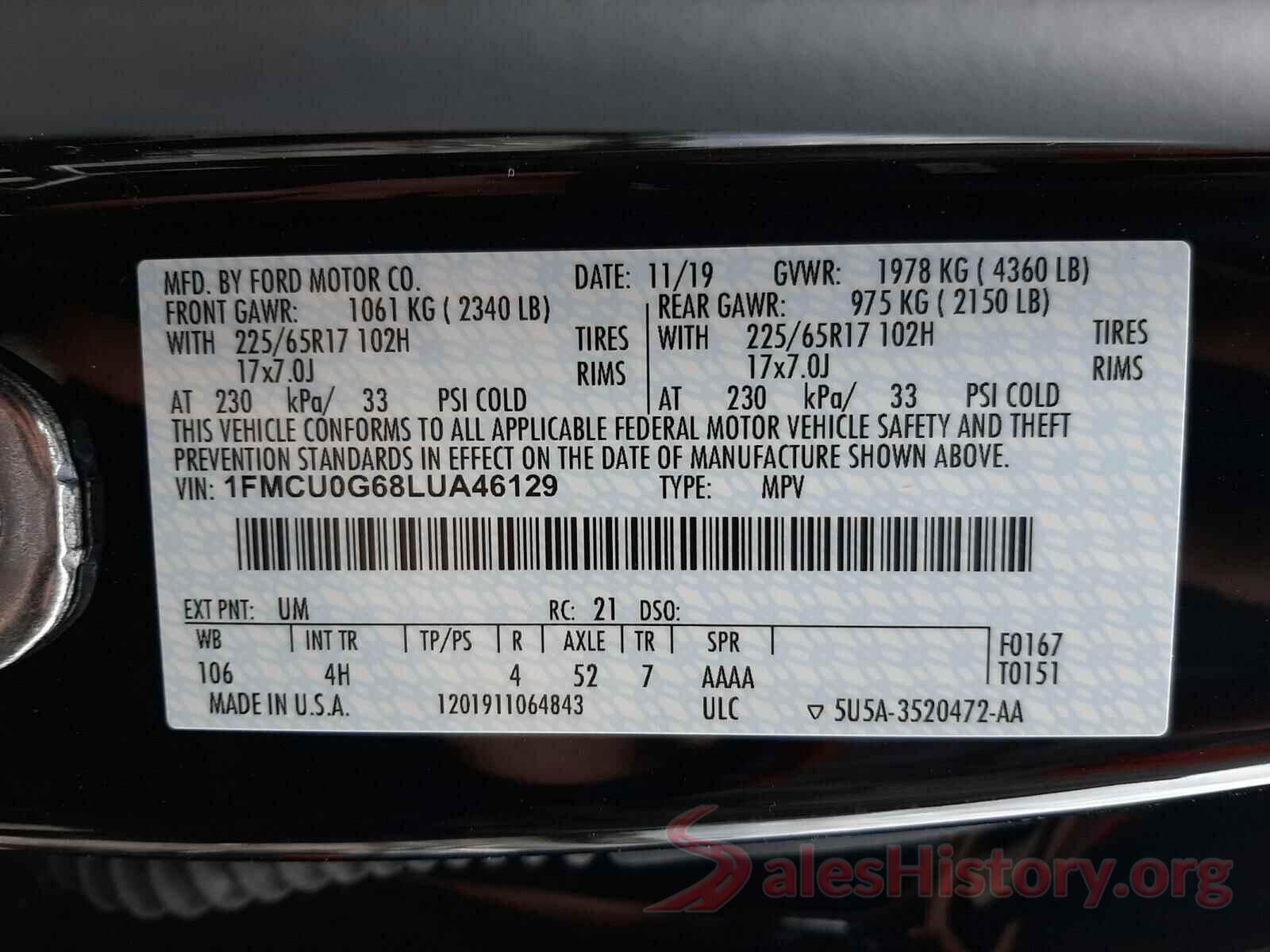 1FMCU0G68LUA46129 2020 FORD ESCAPE