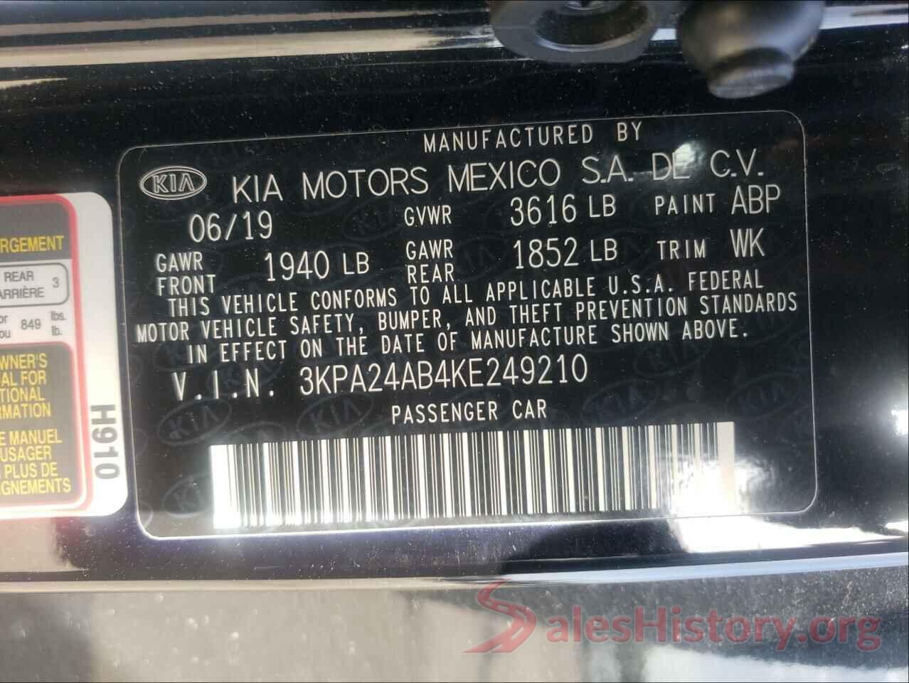 3KPA24AB4KE249210 2019 KIA RIO