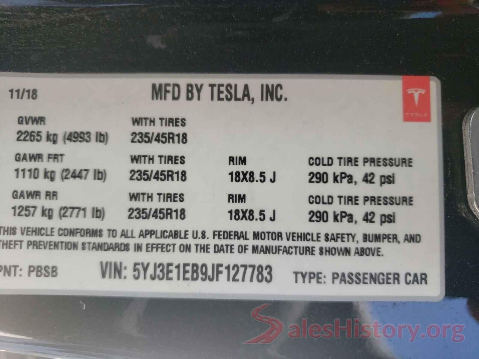 5YJ3E1EB9JF127783 2018 TESLA MODEL 3