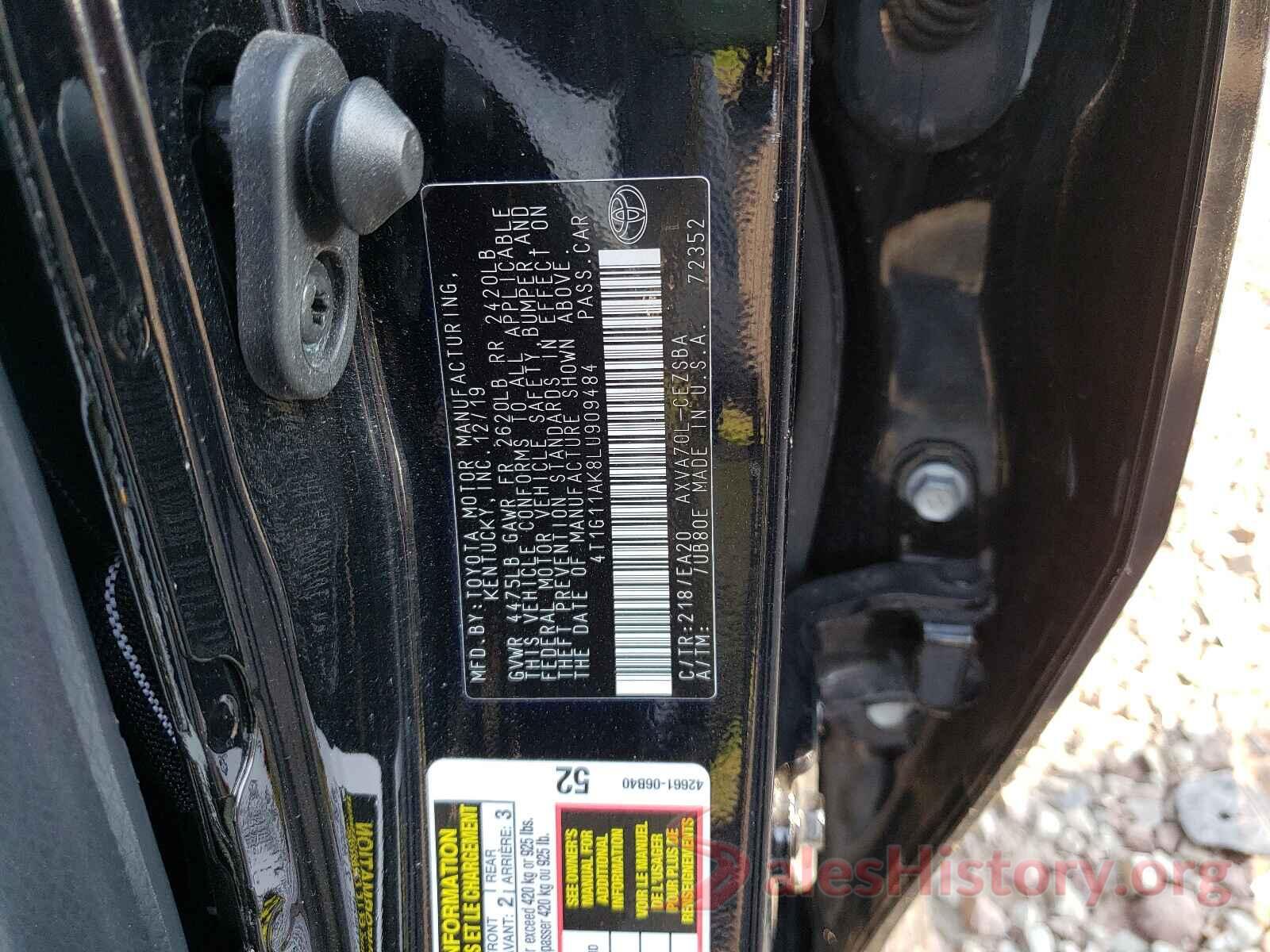 4T1G11AK8LU909484 2020 TOYOTA CAMRY