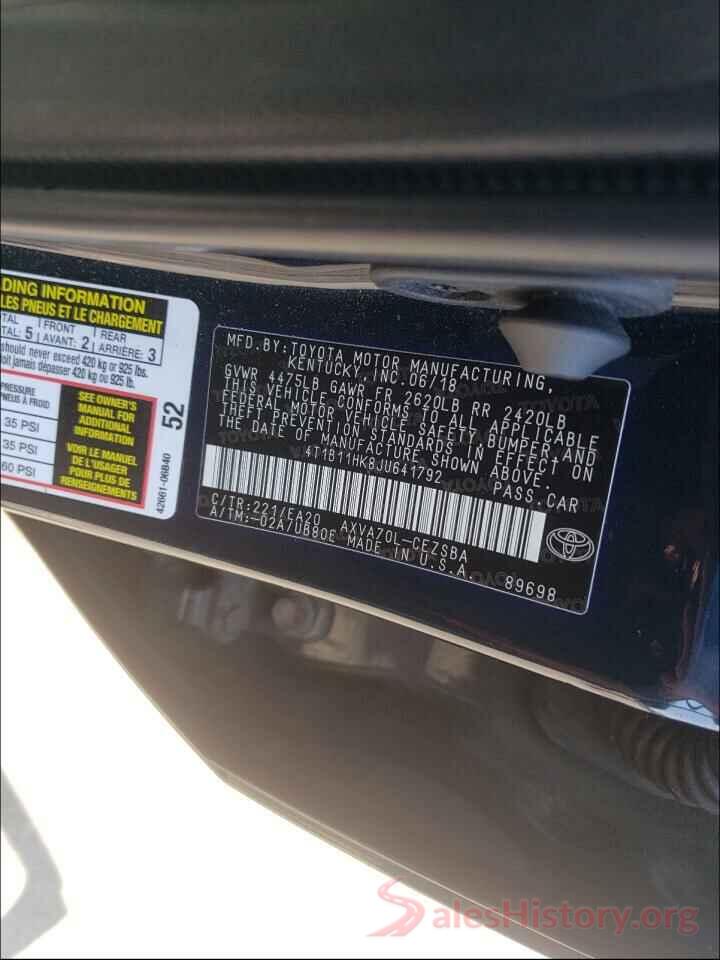 4T1B11HK8JU641792 2018 TOYOTA CAMRY