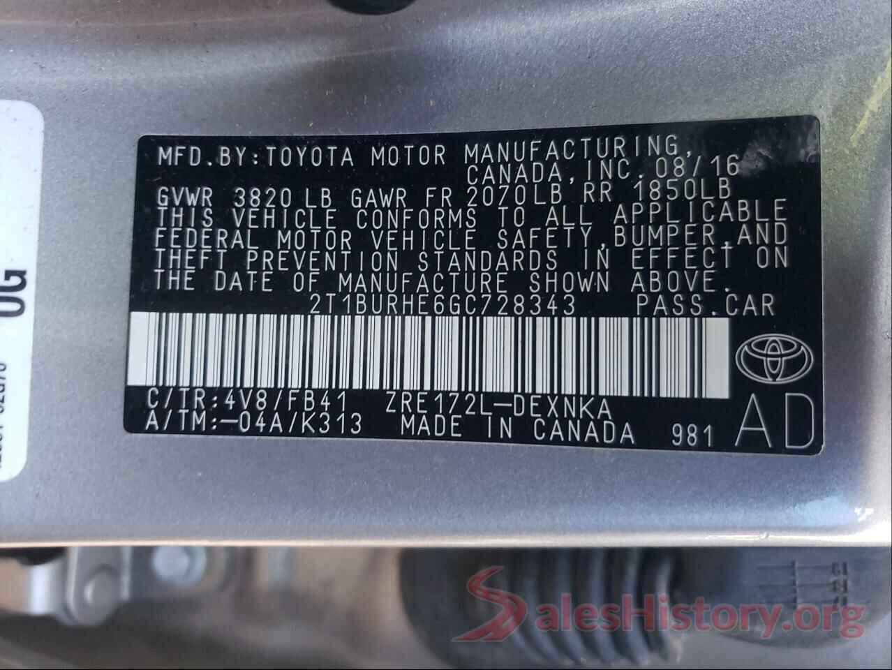 2T1BURHE6GC728343 2016 TOYOTA COROLLA