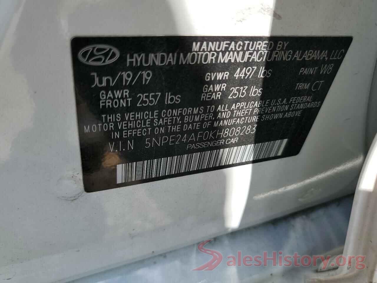 5NPE24AF0KH808283 2019 HYUNDAI SONATA