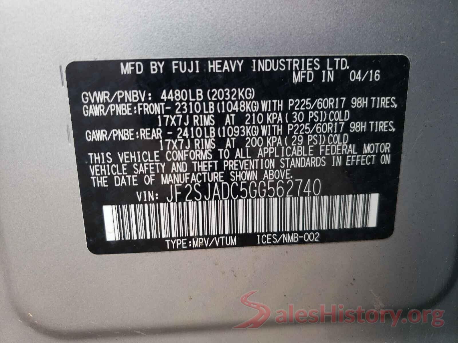 JF2SJADC5GG562740 2016 SUBARU FORESTER