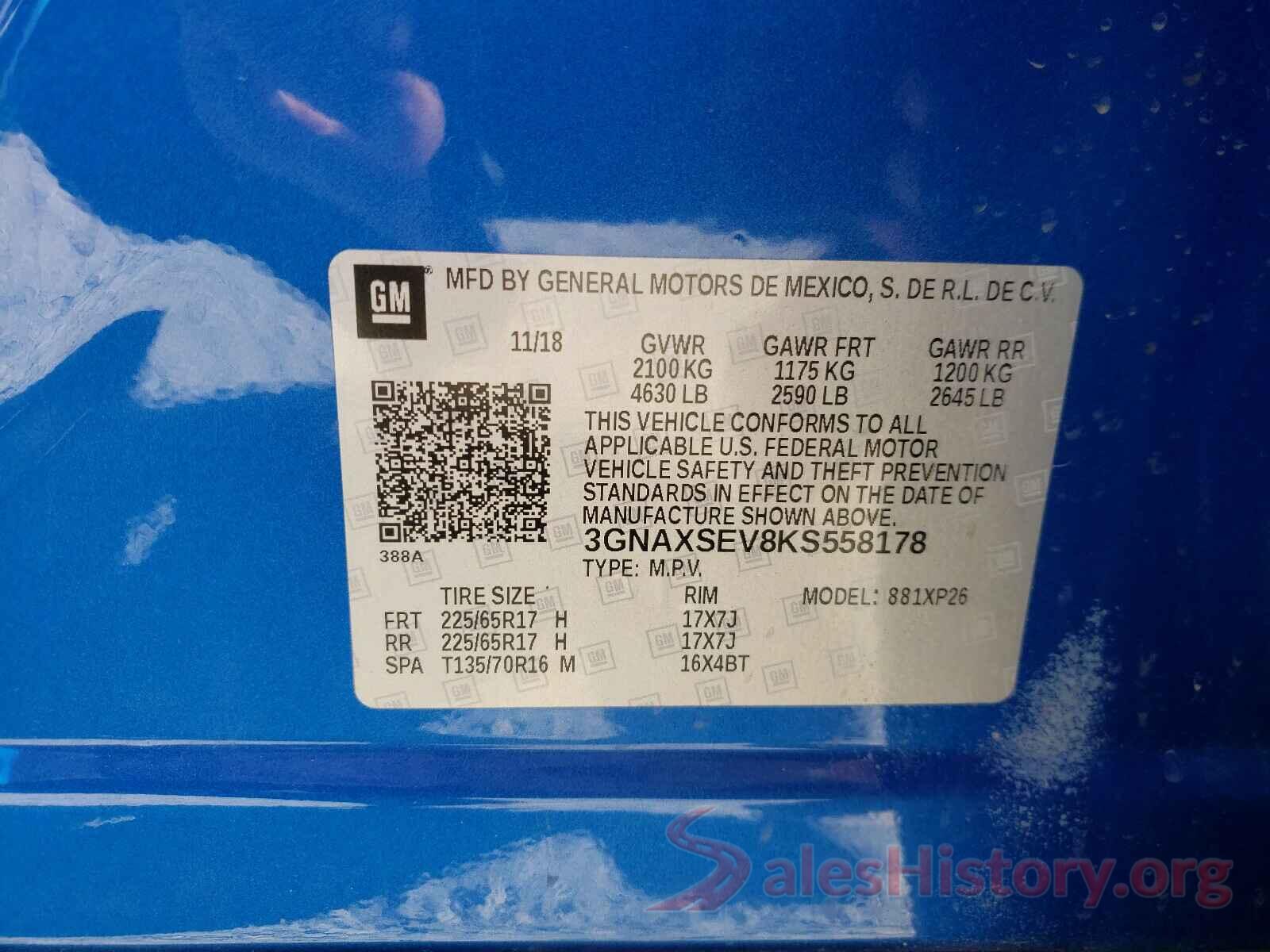 3GNAXSEV8KS558178 2019 CHEVROLET EQUINOX