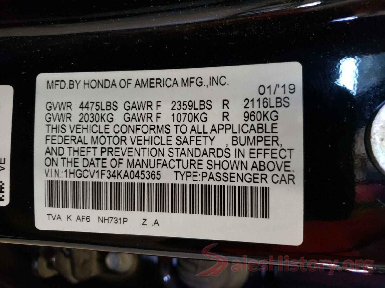 1HGCV1F34KA045365 2019 HONDA ACCORD