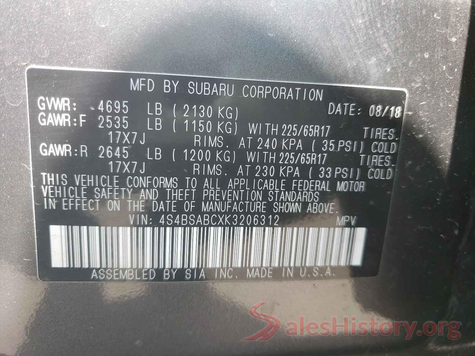 4S4BSABCXK3206312 2019 SUBARU OUTBACK