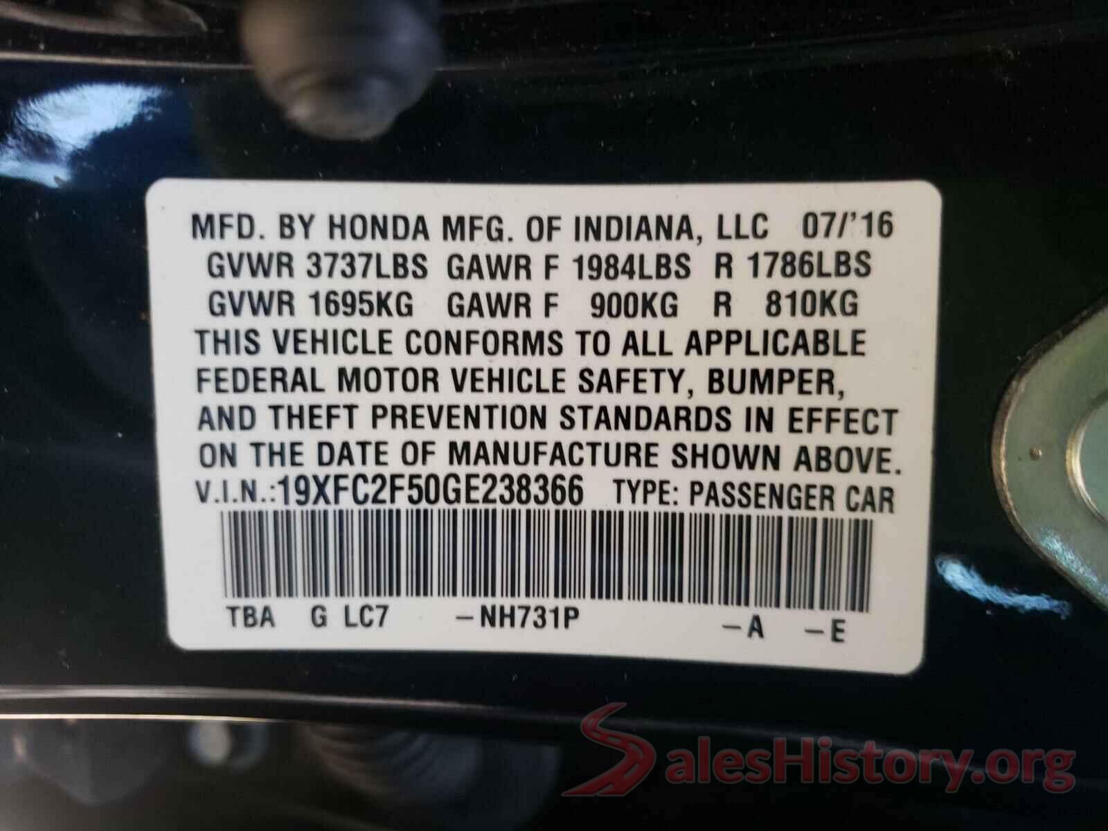 19XFC2F50GE238366 2016 HONDA CIVIC