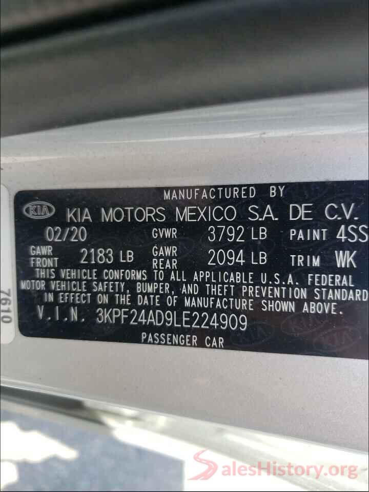 3KPF24AD9LE224909 2020 KIA FORTE