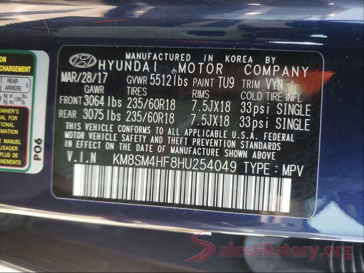 KM8SM4HF8HU254049 2017 HYUNDAI SANTA FE