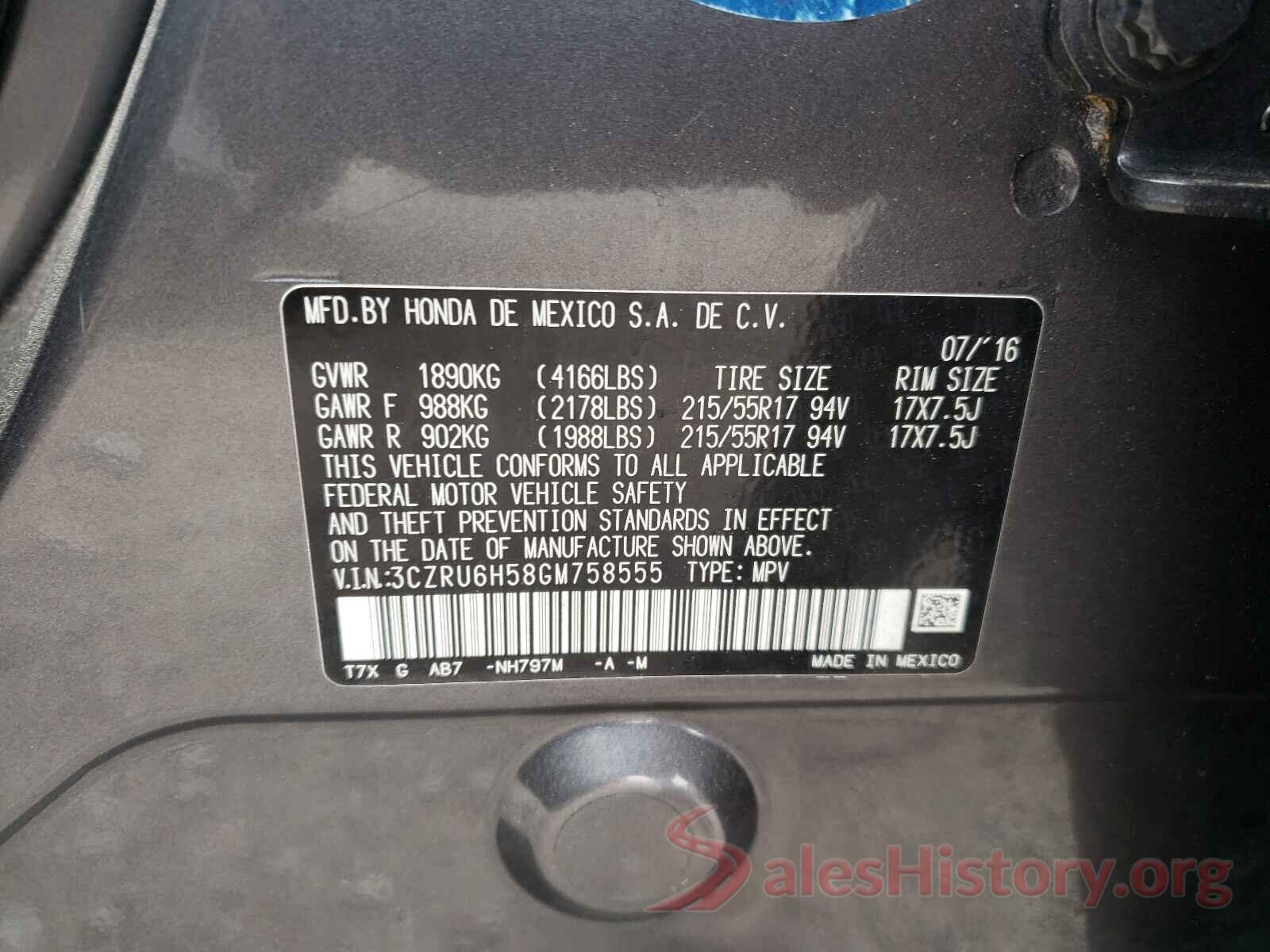 3CZRU6H58GM758555 2016 HONDA HR-V