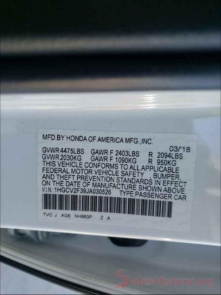 1HGCV2F39JA030526 2018 HONDA ACCORD