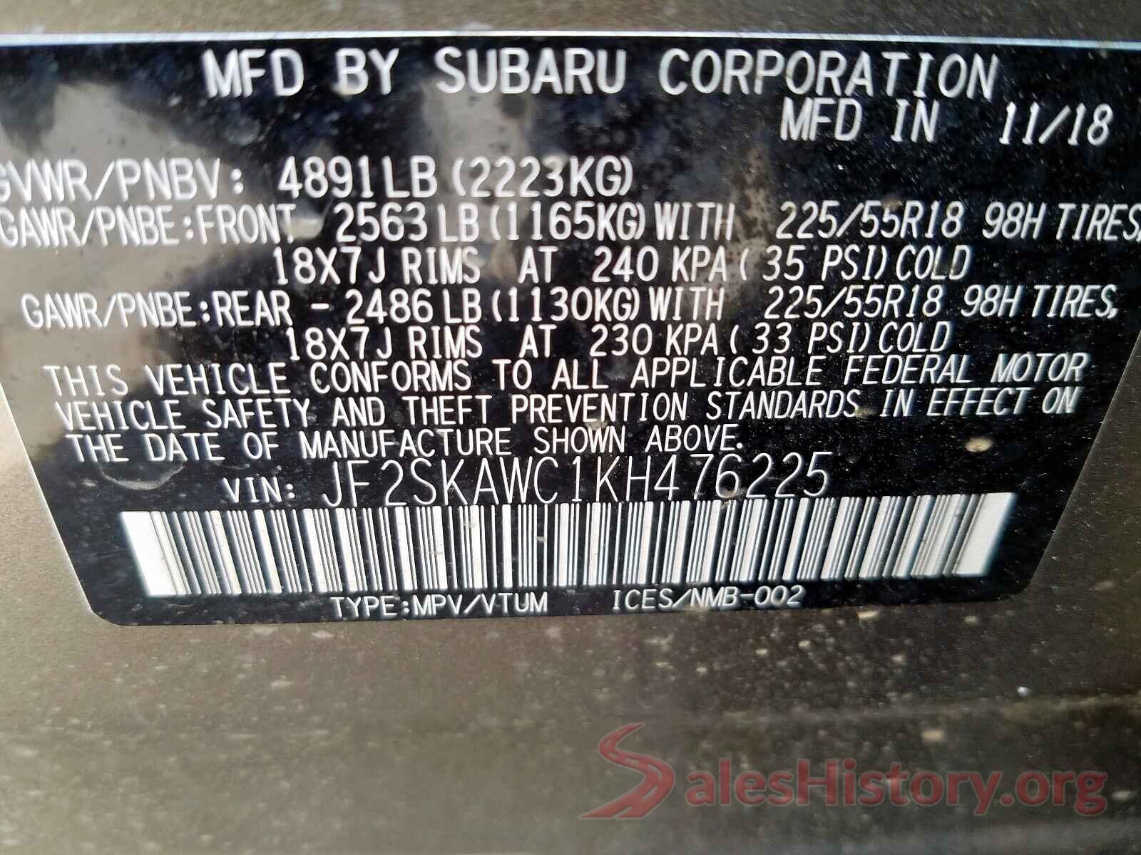 JF2SKAWC1KH476225 2019 SUBARU FORESTER