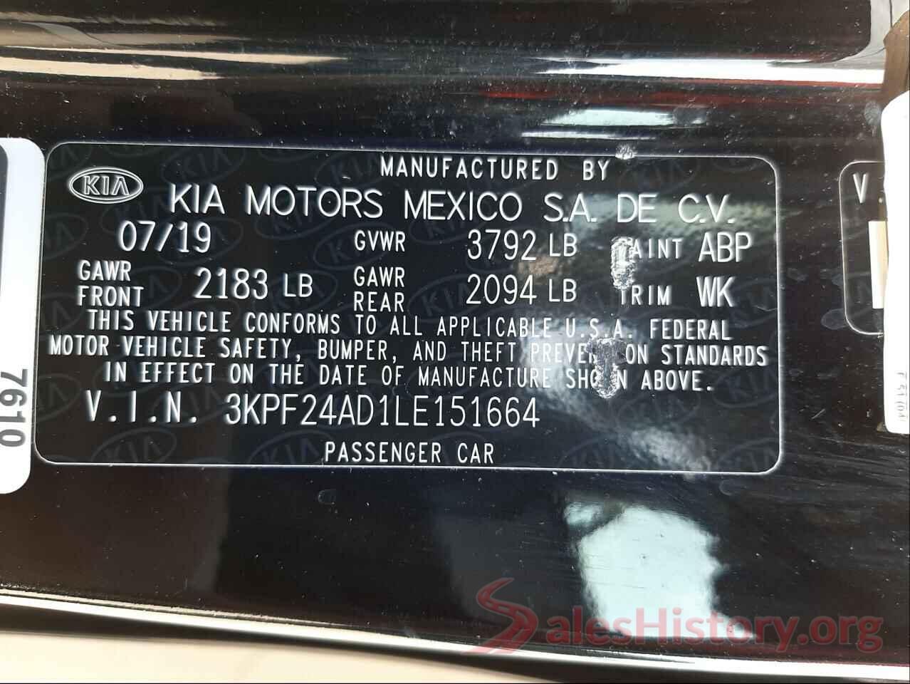 3KPF24AD1LE151664 2020 KIA FORTE